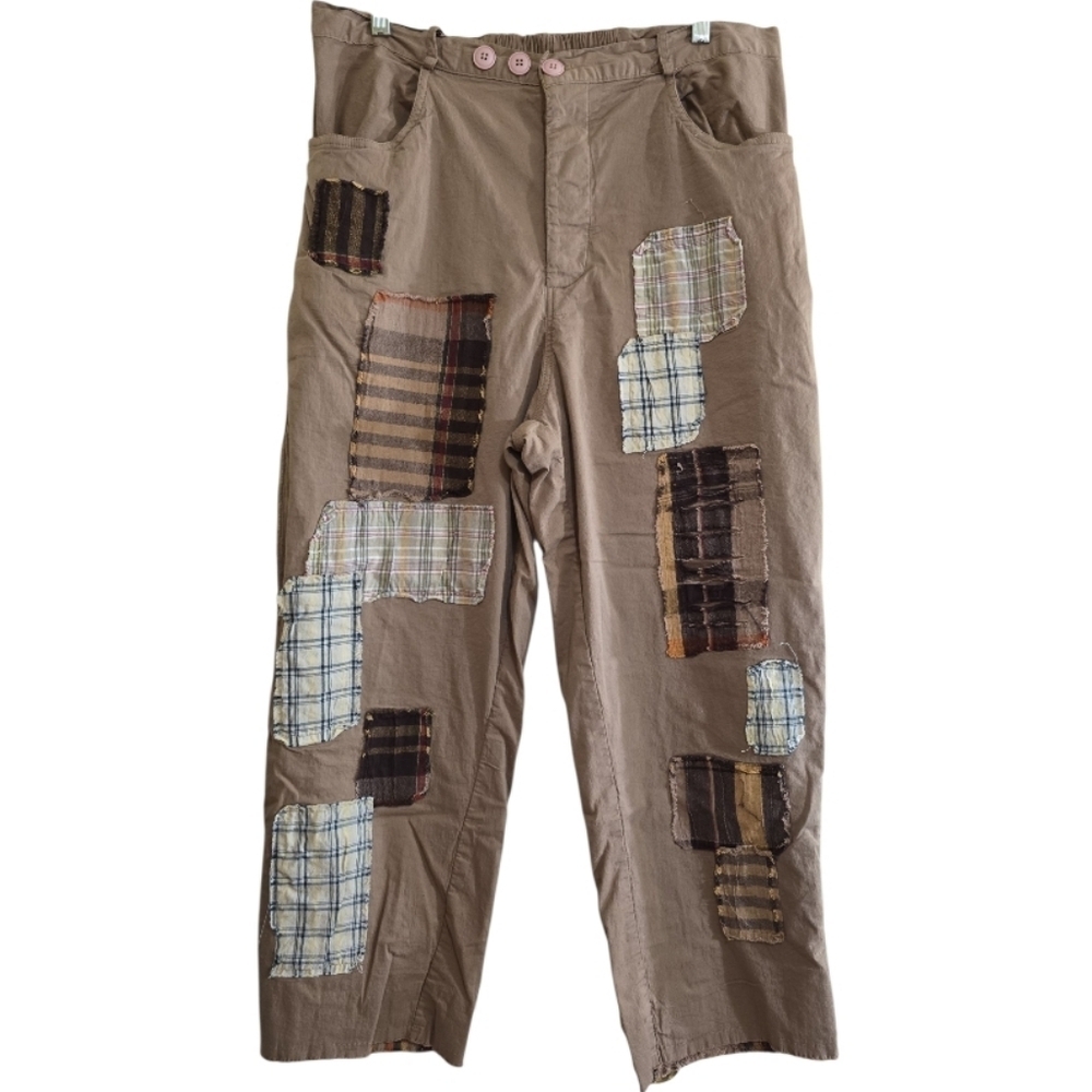 Jaded Gypsy Traveling On Pants Khaki with Plaid Patches L/XL Button Fly - Picture 2 of 7